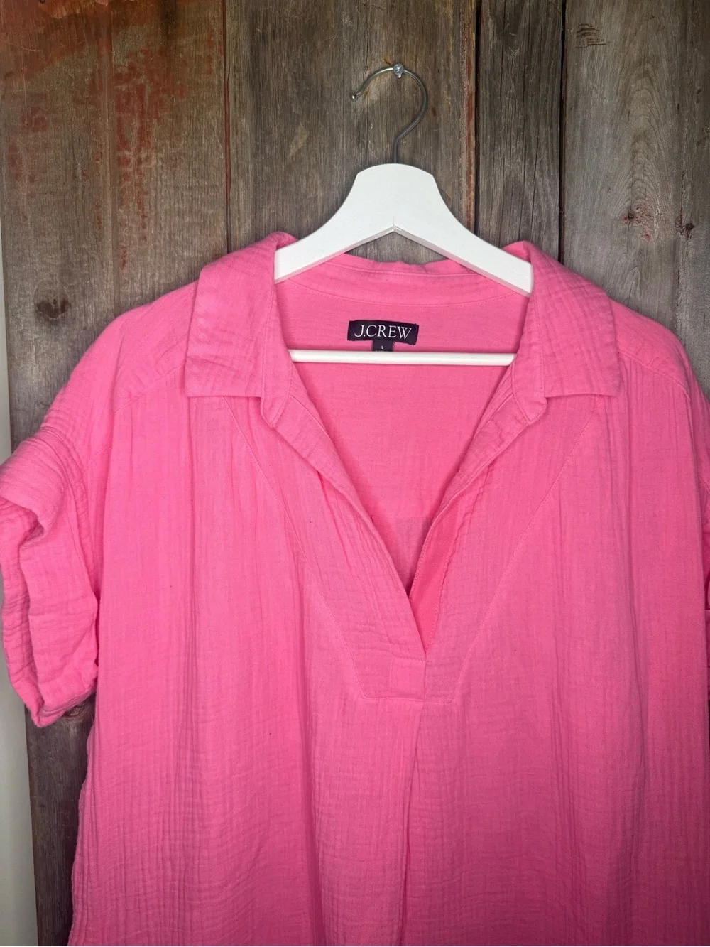 J. Crew V Neck Shirt Dress in Cotton Gauze Tea Rose Pink Large